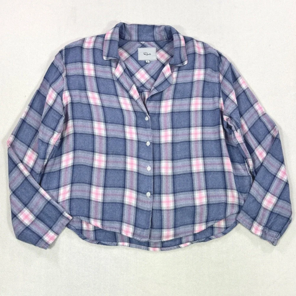Rails Indigo Berry Plaid Rayon Pajama Top Blue Pink Button Down Shirt Medium